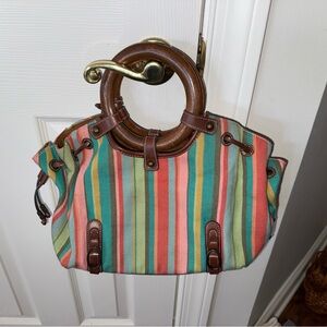 Fossil Vintage Retro Wooden Handle Purse Leather Striped